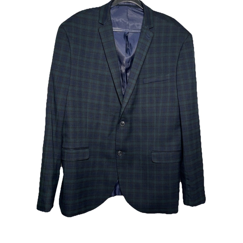 Topman Men's 48R Slim Fit Blue Green Tartan Plaid Two Button Blazer Jacket